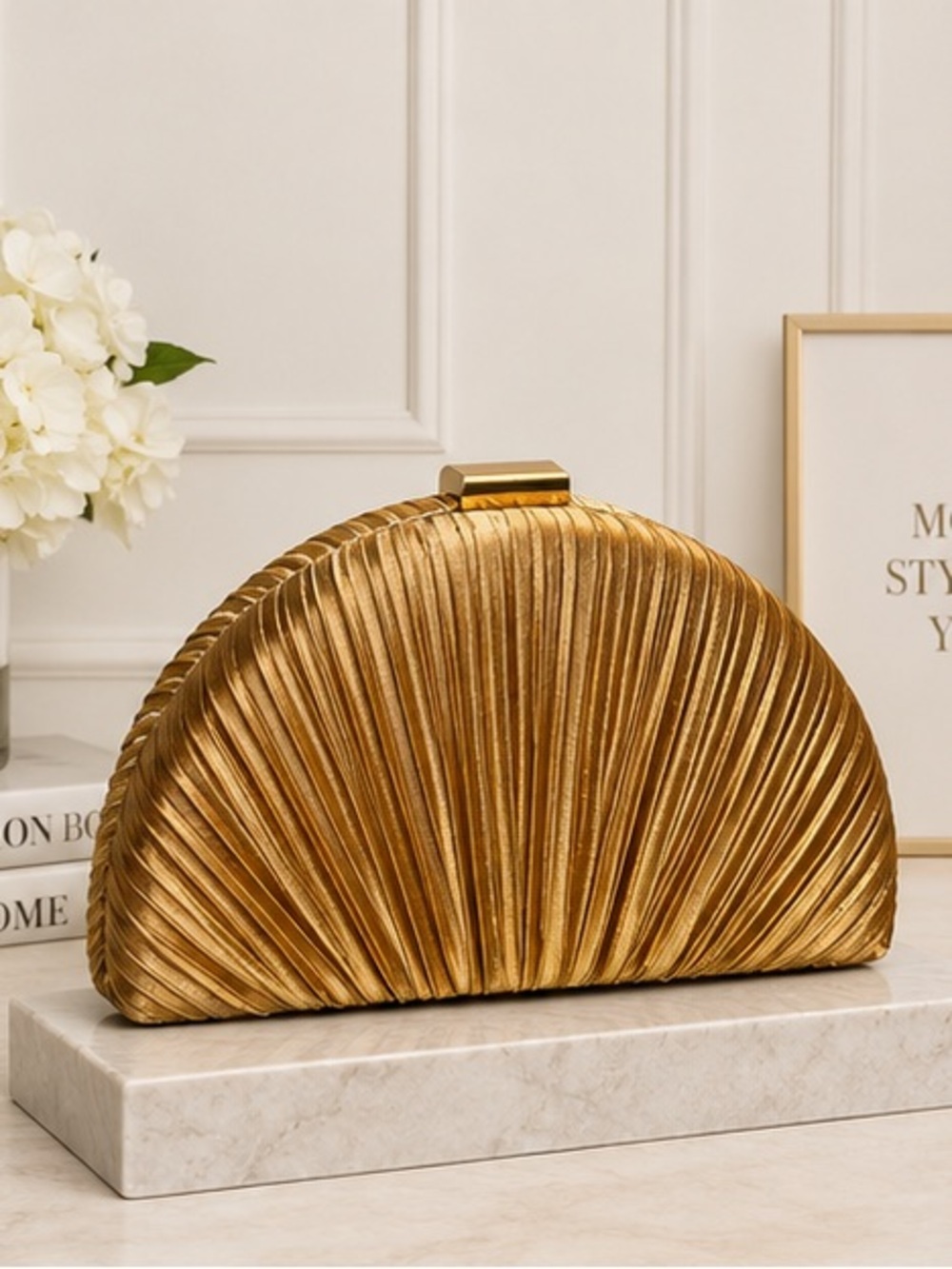 Lulu's Metallic Gold Pleated Half-Moon Clutch